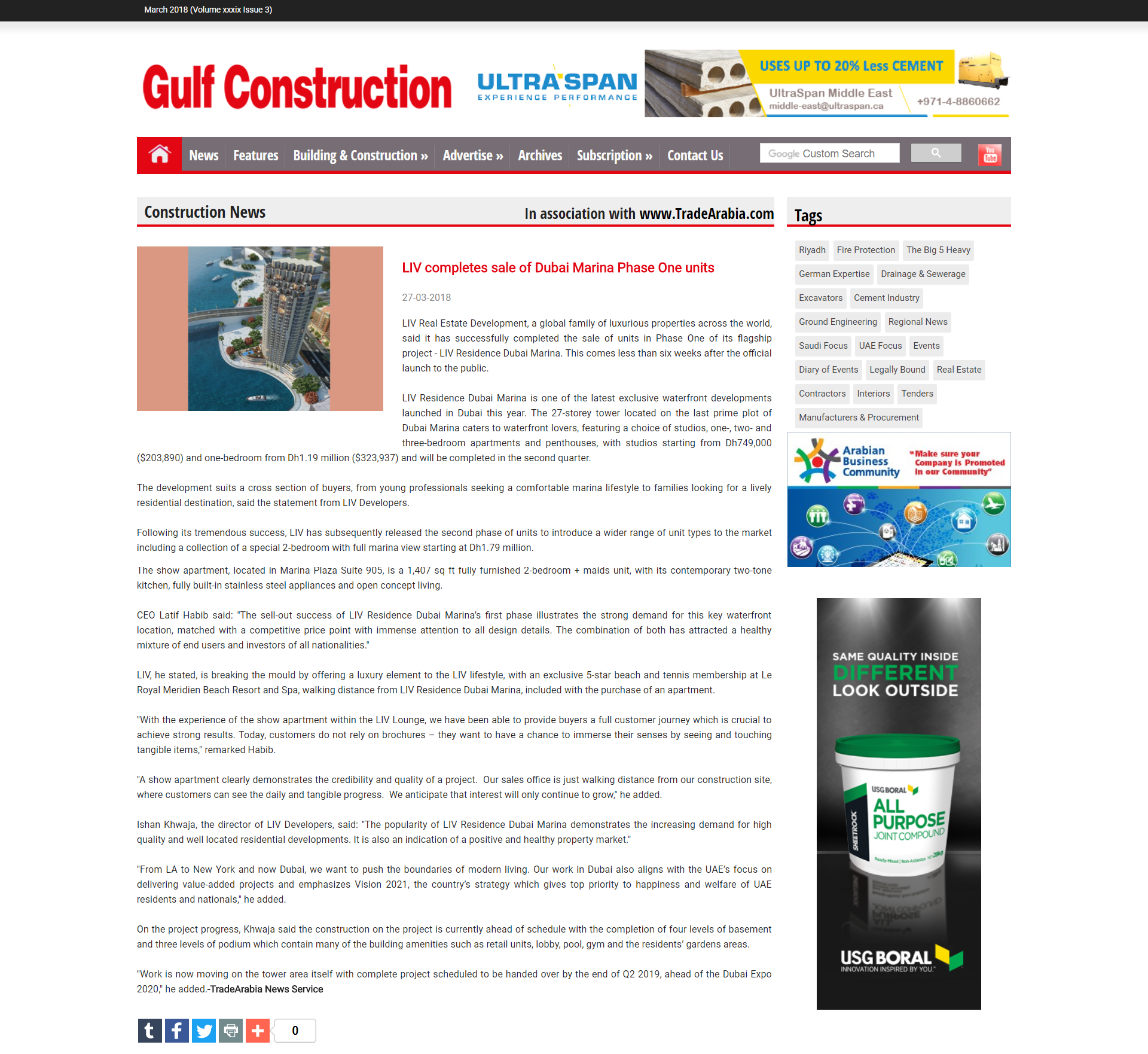 LIV completes sale of Dubai Marina Phase One units – Gulf Construction